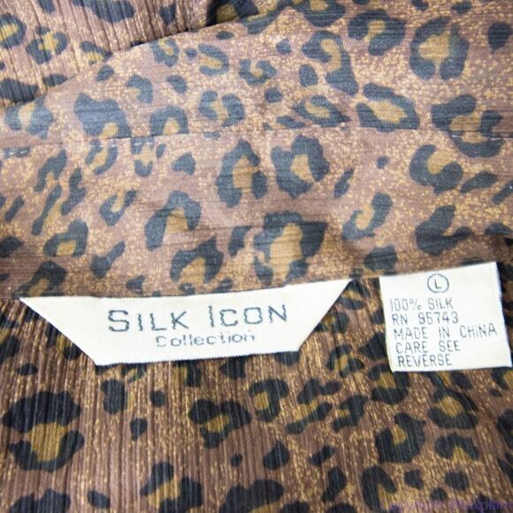 Silk Icon Collection 100% silk leopard animal print button down shirt,‎ size L - Picture 12 of 16
